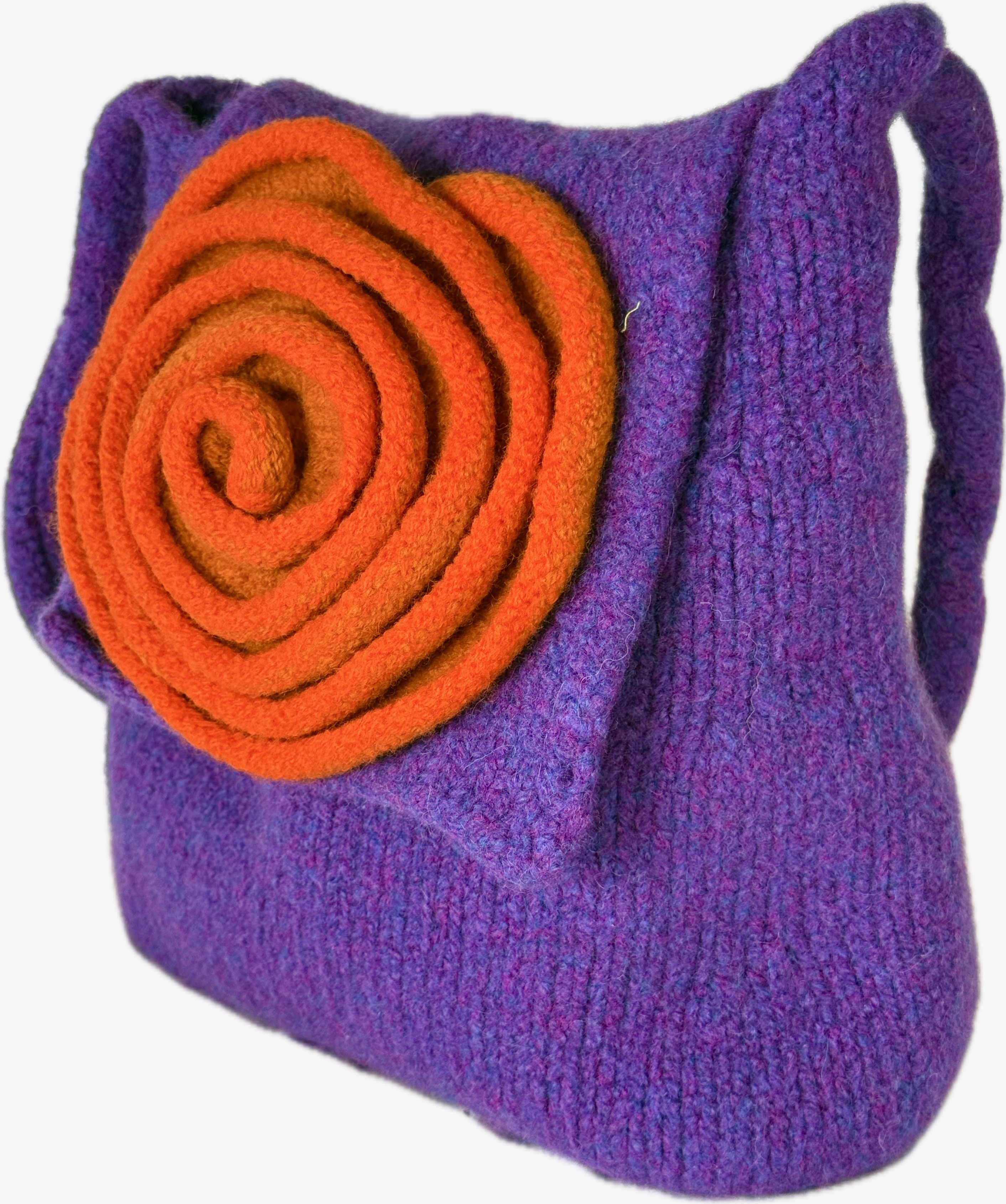 Purple tweed felted purse with needle-felted orange rose and twisted handle